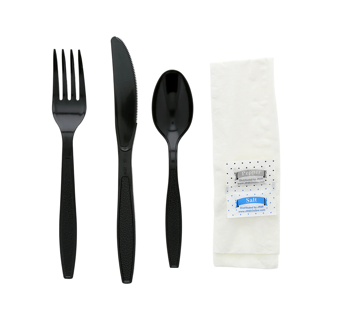 Cutlery Kit, PS, 6 Piece Black Heavy Weight (F,K,SS,Nap,S&P), 250 Kits