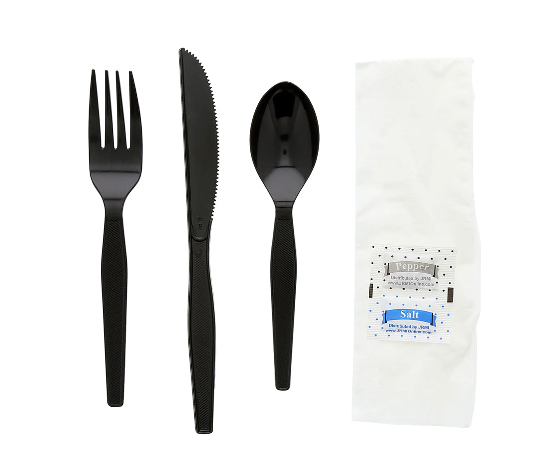 Cutlery Kit, PS, 6 Piece Black Heavy Weight (F,K,S,Nap,S&P), 250 Kits