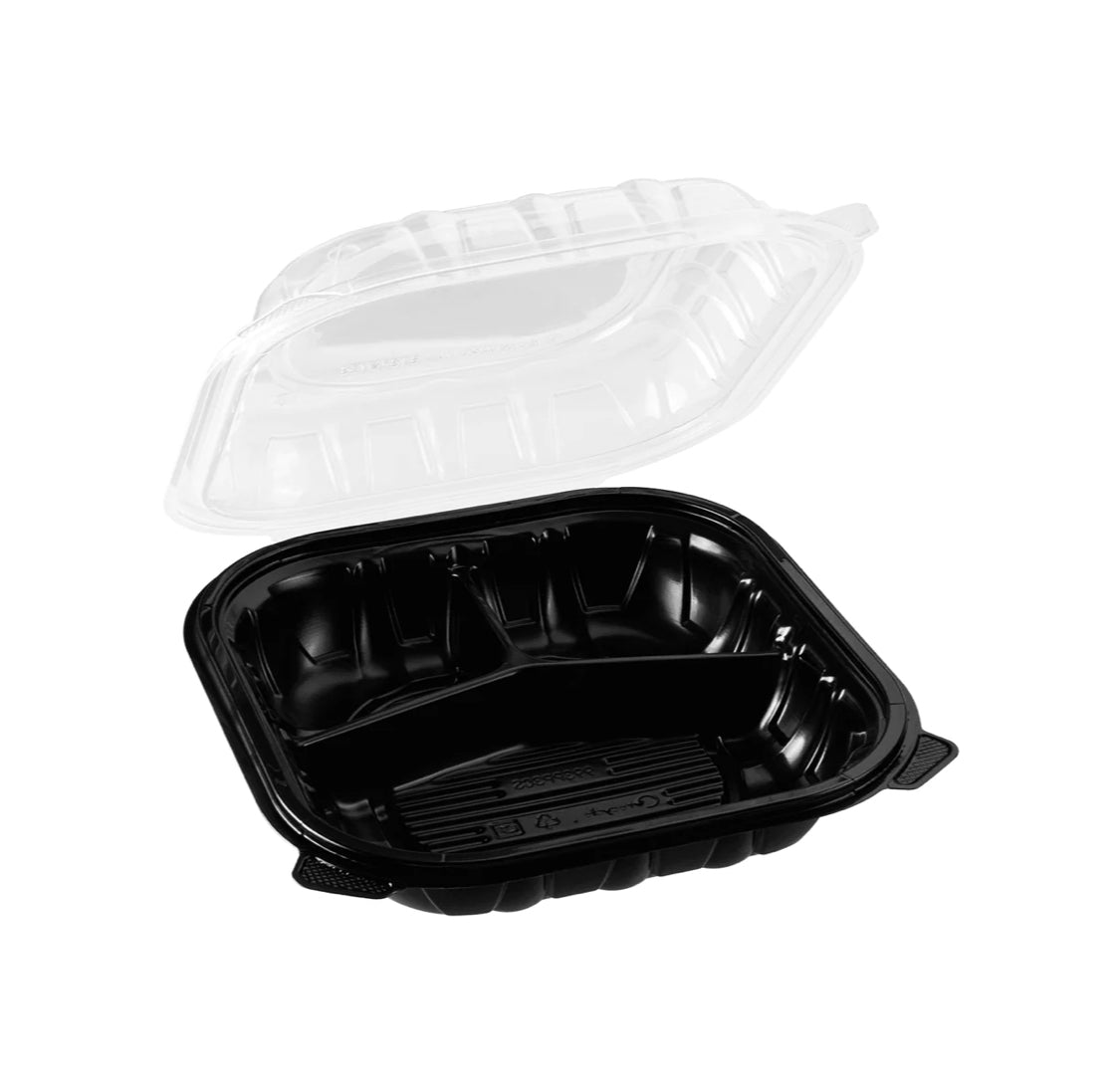 Hinged Container 9"x 9" (3 Compartment) Premium PP, Blk w/Clear Top - 150 pcs