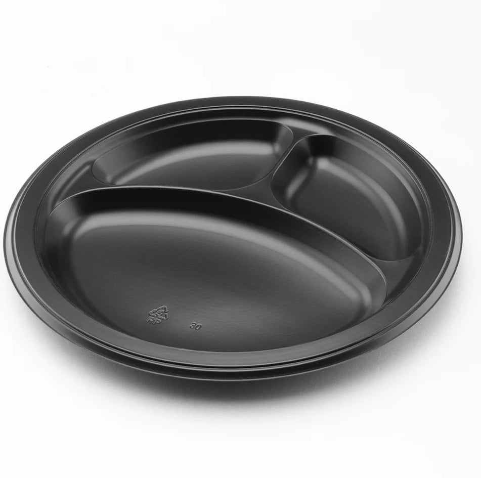 9" Mineral Filled PP Plate, Round, 3-compartment, Black - 500 Pcs