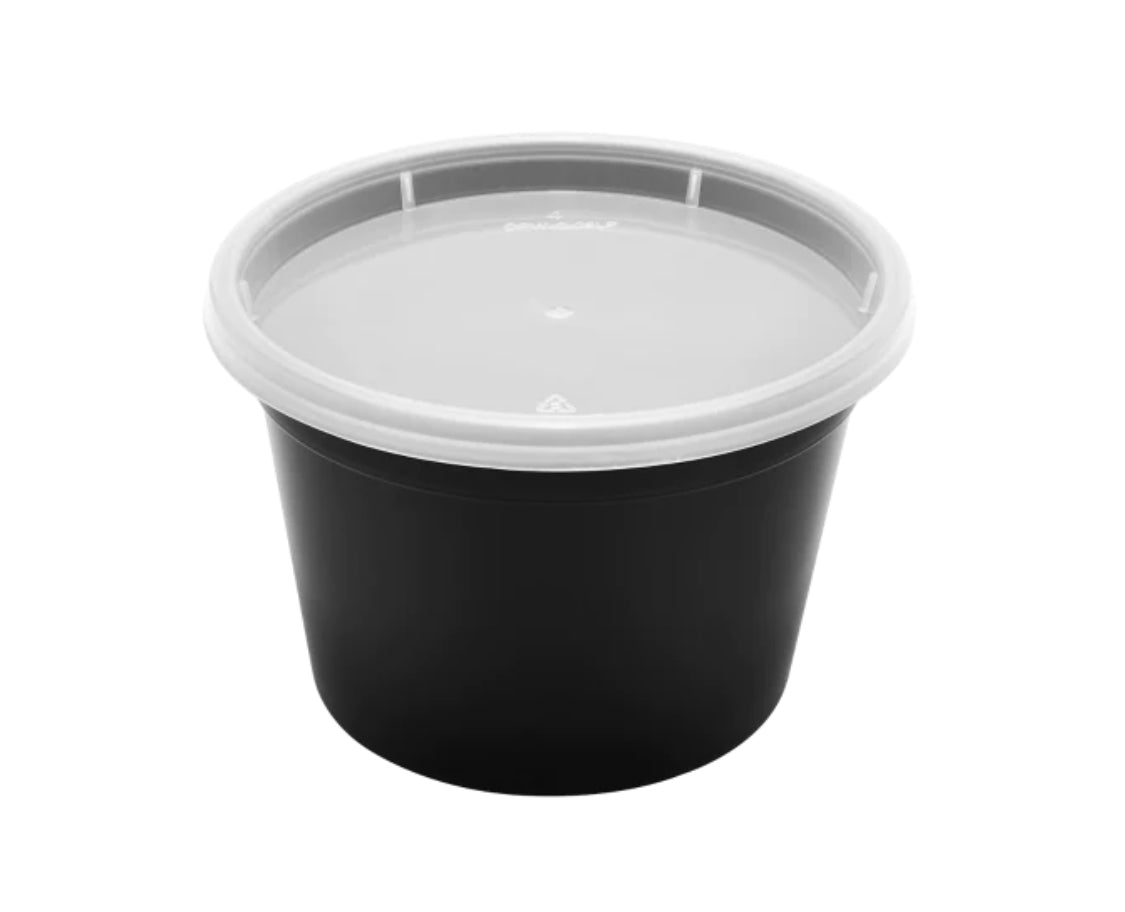 16oz PP Black Plastic Injection Molded Deli Containers & Clear Lids (117mm) - 240 sets