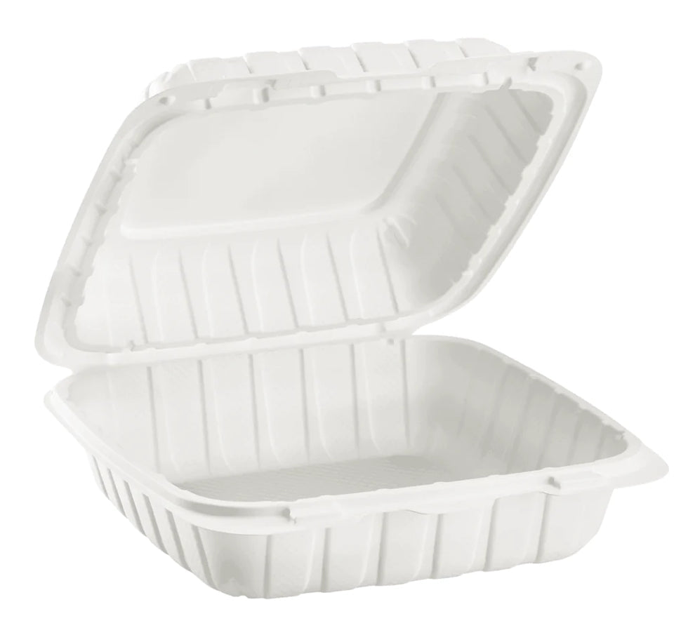 8" x 8" Mineral Filled PP Hinged Container, 1 compartment, White - 200 pcs