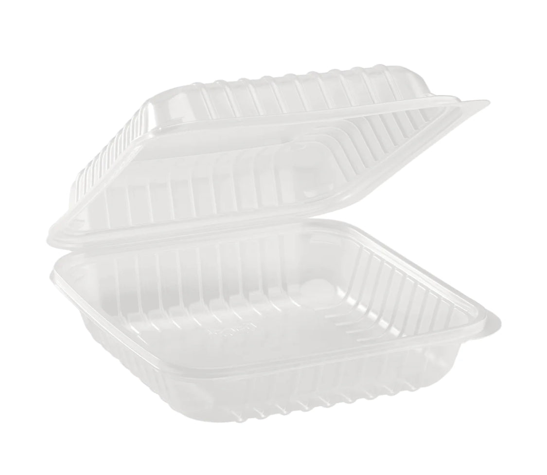 Hinged Container, 8'' x 8" PP Plastic, Clear - 250 pcs