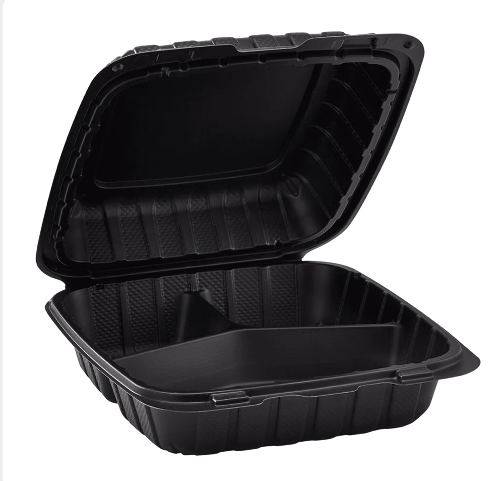 8" x 8" Mineral Filled PP Hinged Container, 3 compartment, Black - 200 pcs