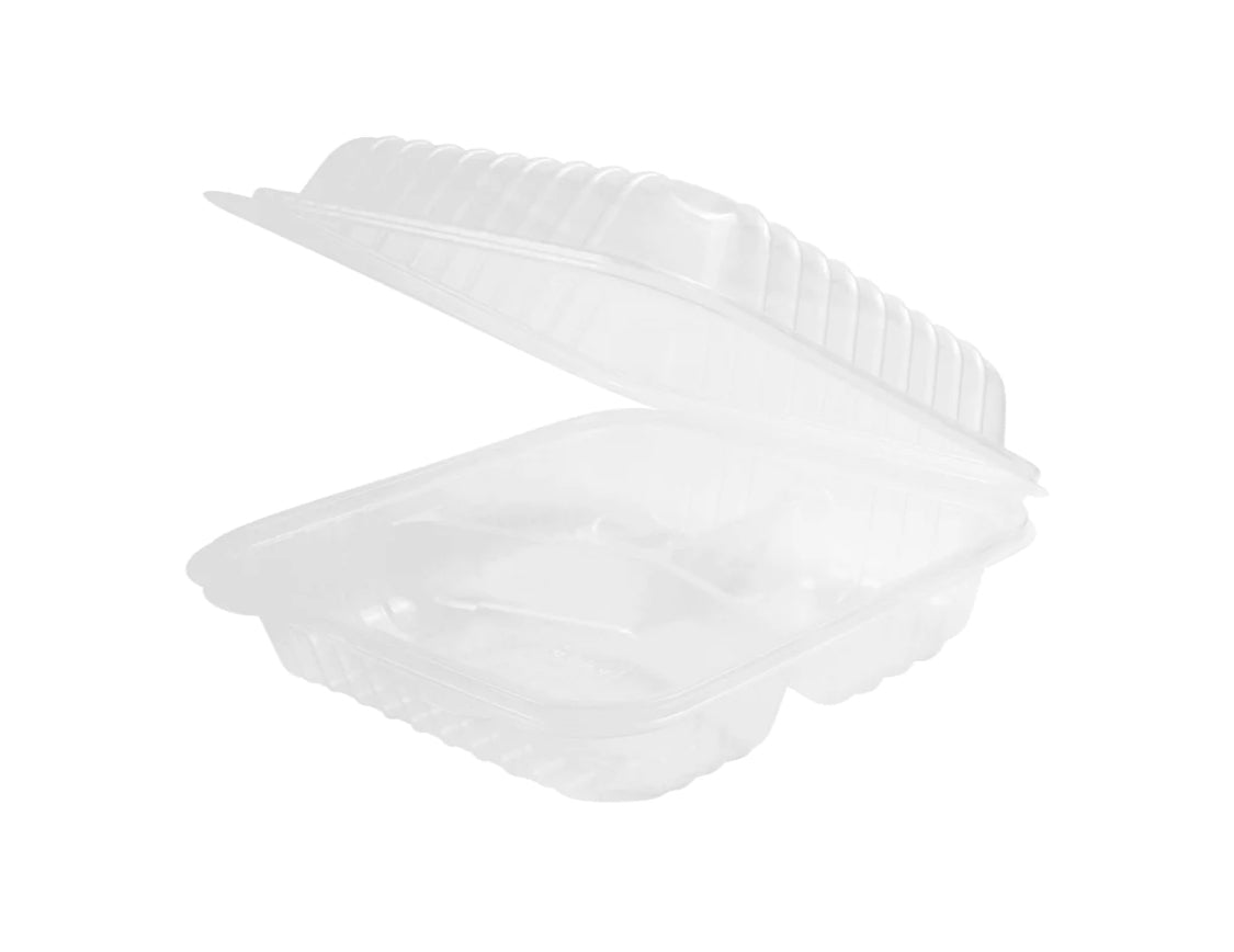 Hinged Container, 8'' x 8" PP Plastic, 3 Compartment, Clear - 250 pcs