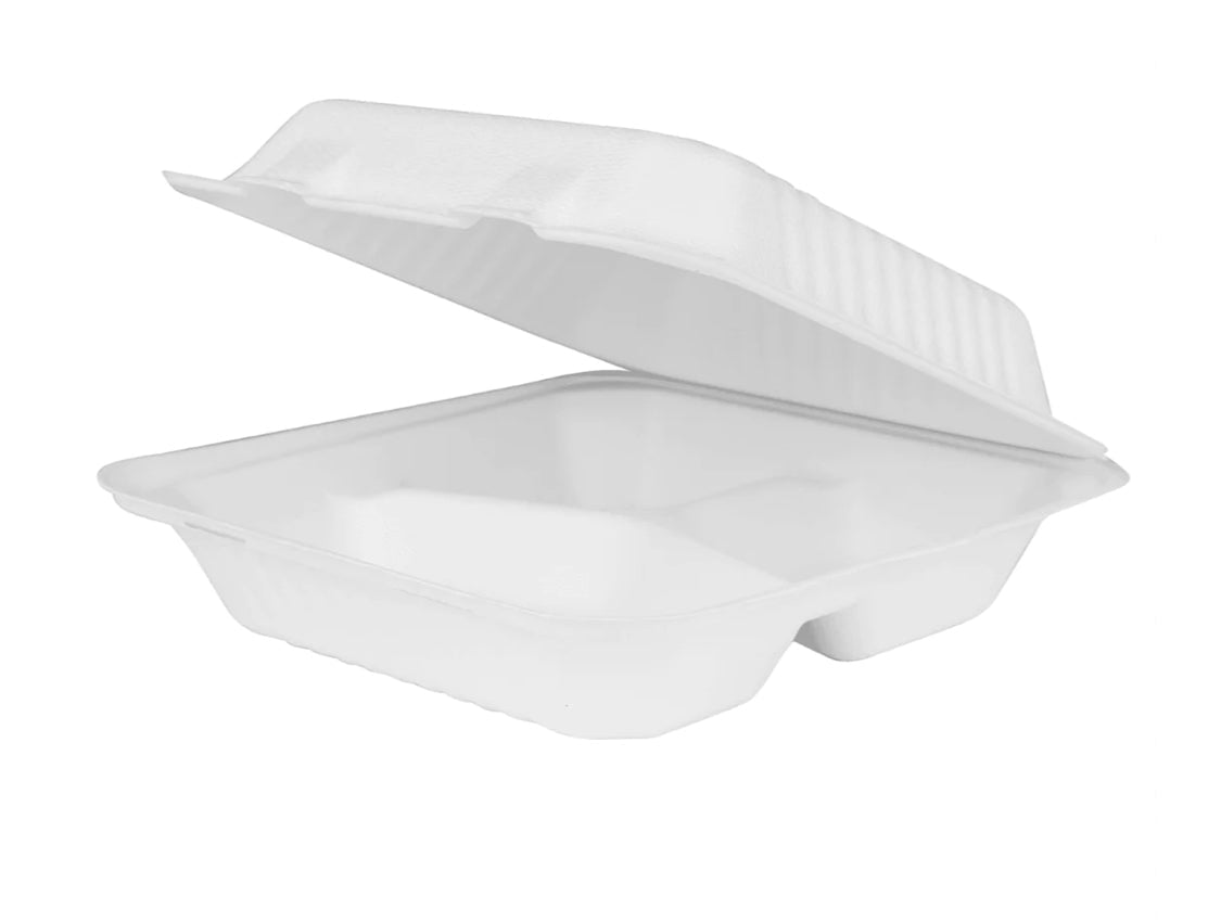 Primeware 9"x 9" PFAS Free Compostable Bagasse Hinged Container, White, 3 Compartments - 200 pcs