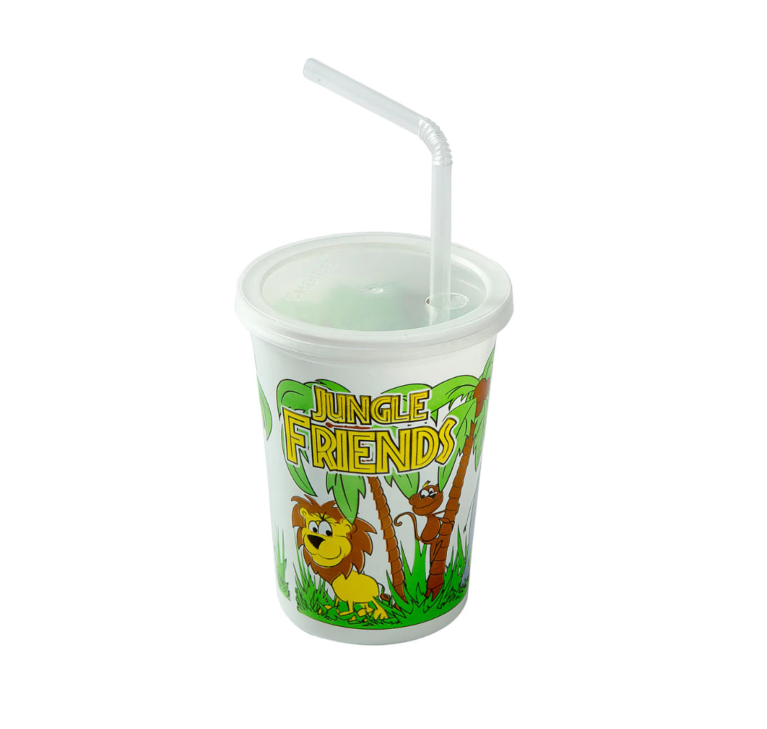 Kids Cups, PP 12 oz. Jungle Theme with Straws & Lids, Case 250