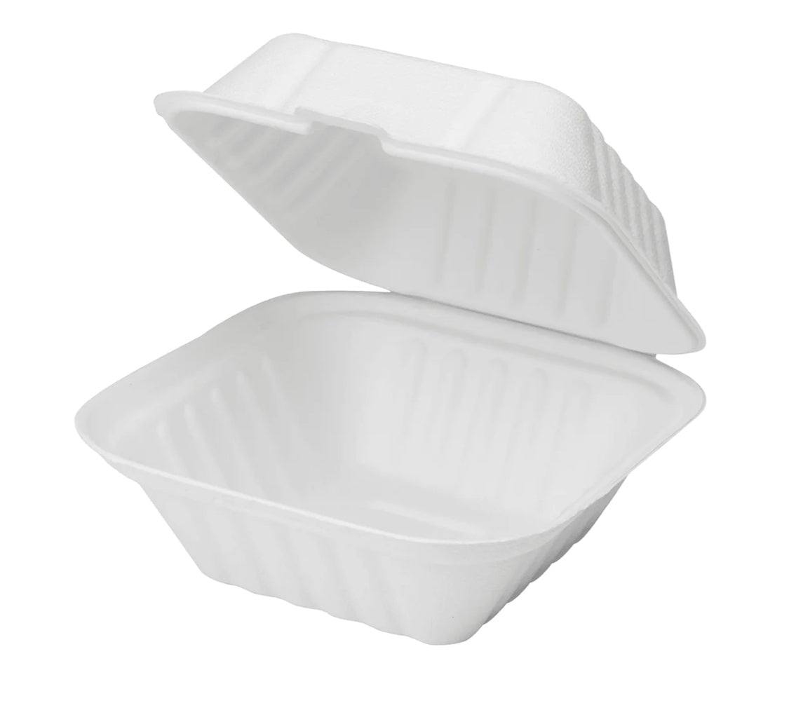 6''x 6'' PFAS Free Compostable Bagasse Hinged Containers, White - 500 pcs