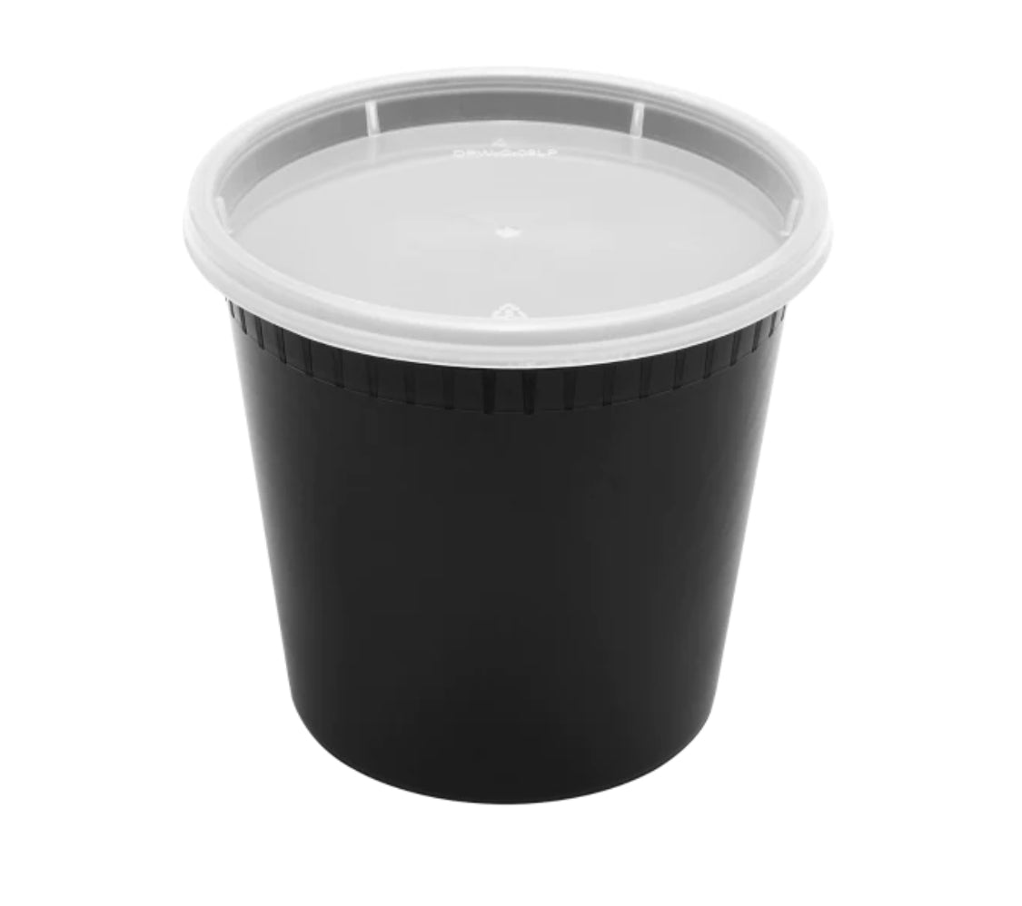 24oz PP Black Plastic Injection Molded Deli Containers & Clear Lids (117mm) - 240 sets