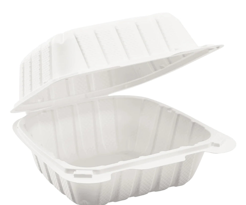 6" x 6" Mineral Filled PP Hinged Container, 1 compartment, White - 400 pcs