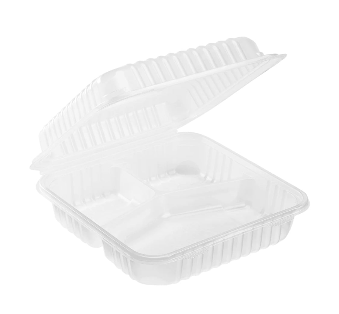 Hinged Container, 9'' x 9" PP Plastic, 3 Compartments, Clear - 200 pcs