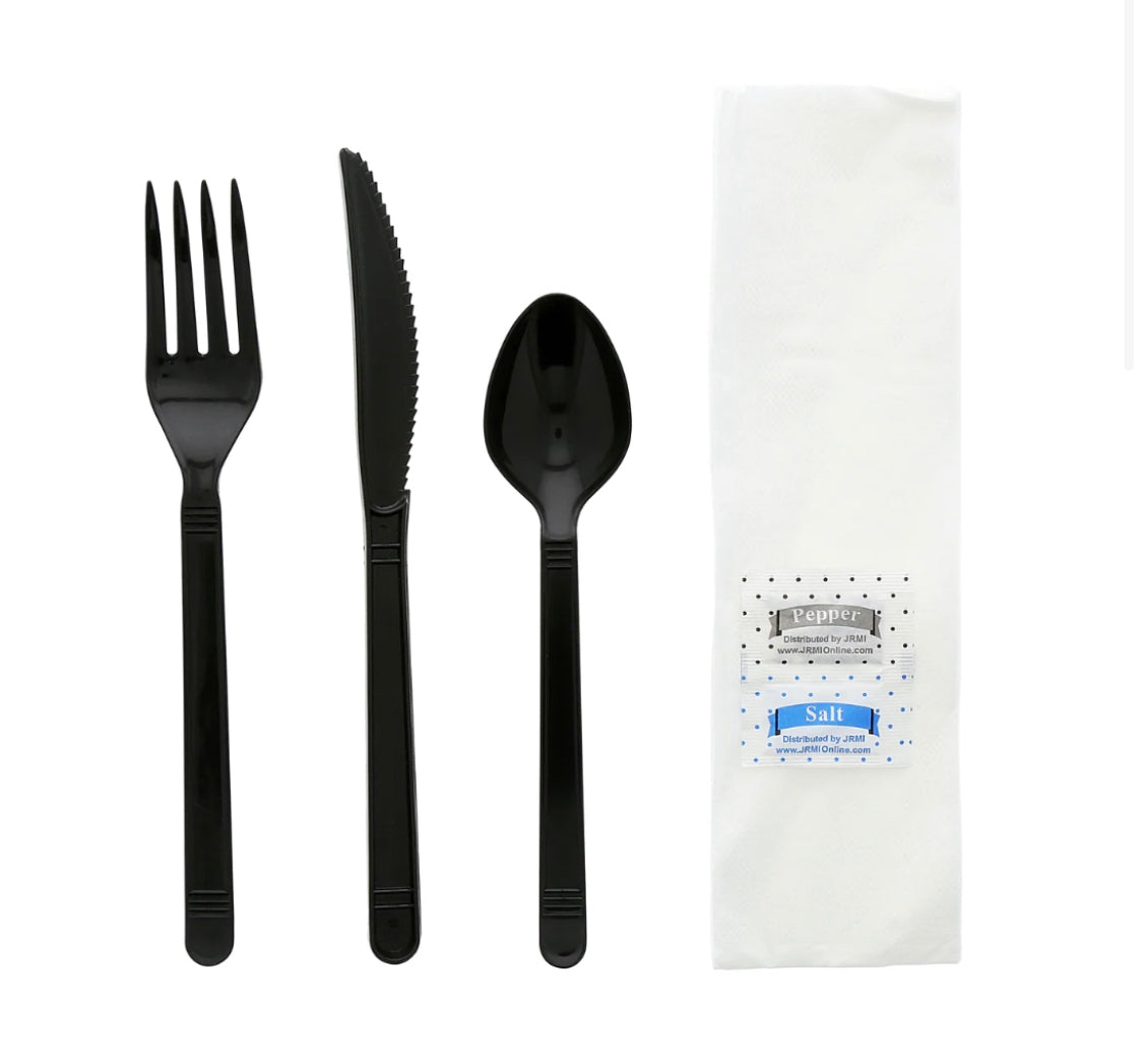 Cutlery Kit, PP, 6 Piece Black Heavy Weight (F,K,S,Nap,S&P), 250 Kits