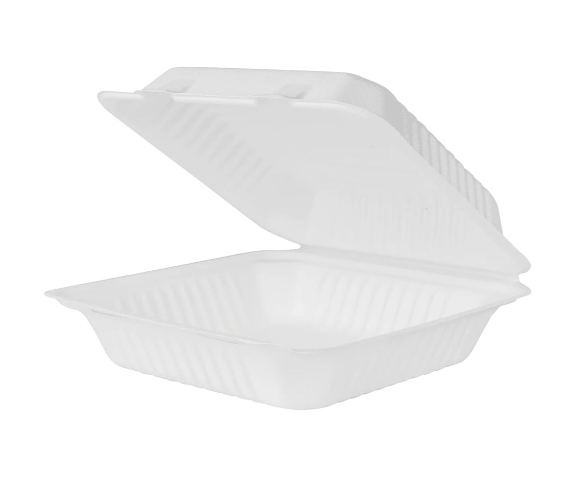 8''x 8'' PFAS Free Compostable Bagasse Hinged Containers, White - 200 pcs