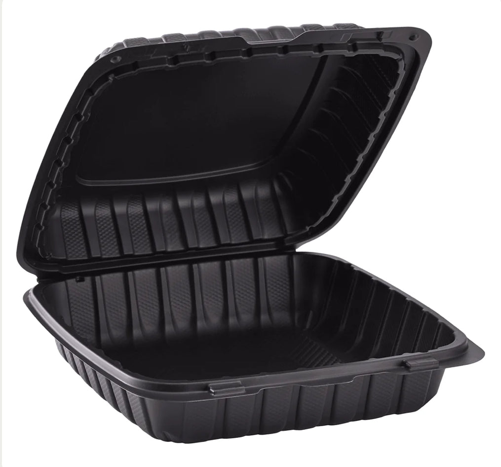 9" x 9" Mineral Filled PP Hinged Container, 1 compartment, Black - 120 pcs