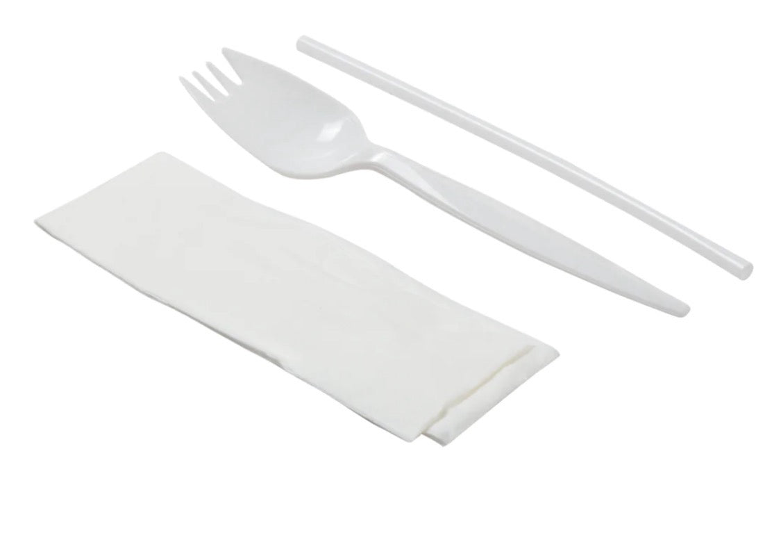 Cutlery Kit, PP, 3 Piece White Medium Weight (Spork,Nap,MS), 1000 Kits