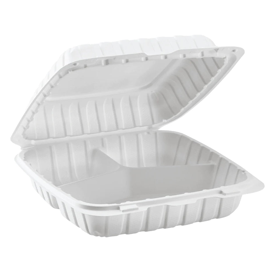 9" x 9" Mineral Filled PP Hinged Container, 3 compartment, White - 120 pcs