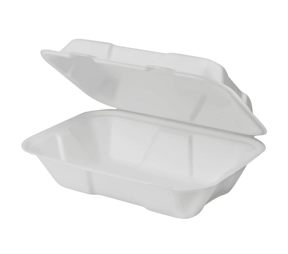 9''x 6'' PFAS Free Compostable Bagasse Hinged Containers, White - 200 pcs