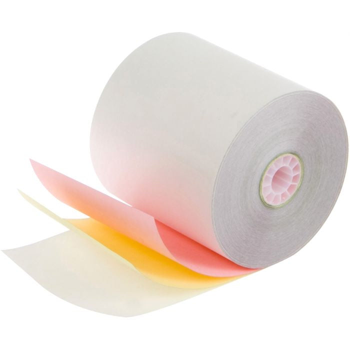 Carbonless Paper 3" x 65' 3 Ply, White/Canary/Pink, 50 Rolls