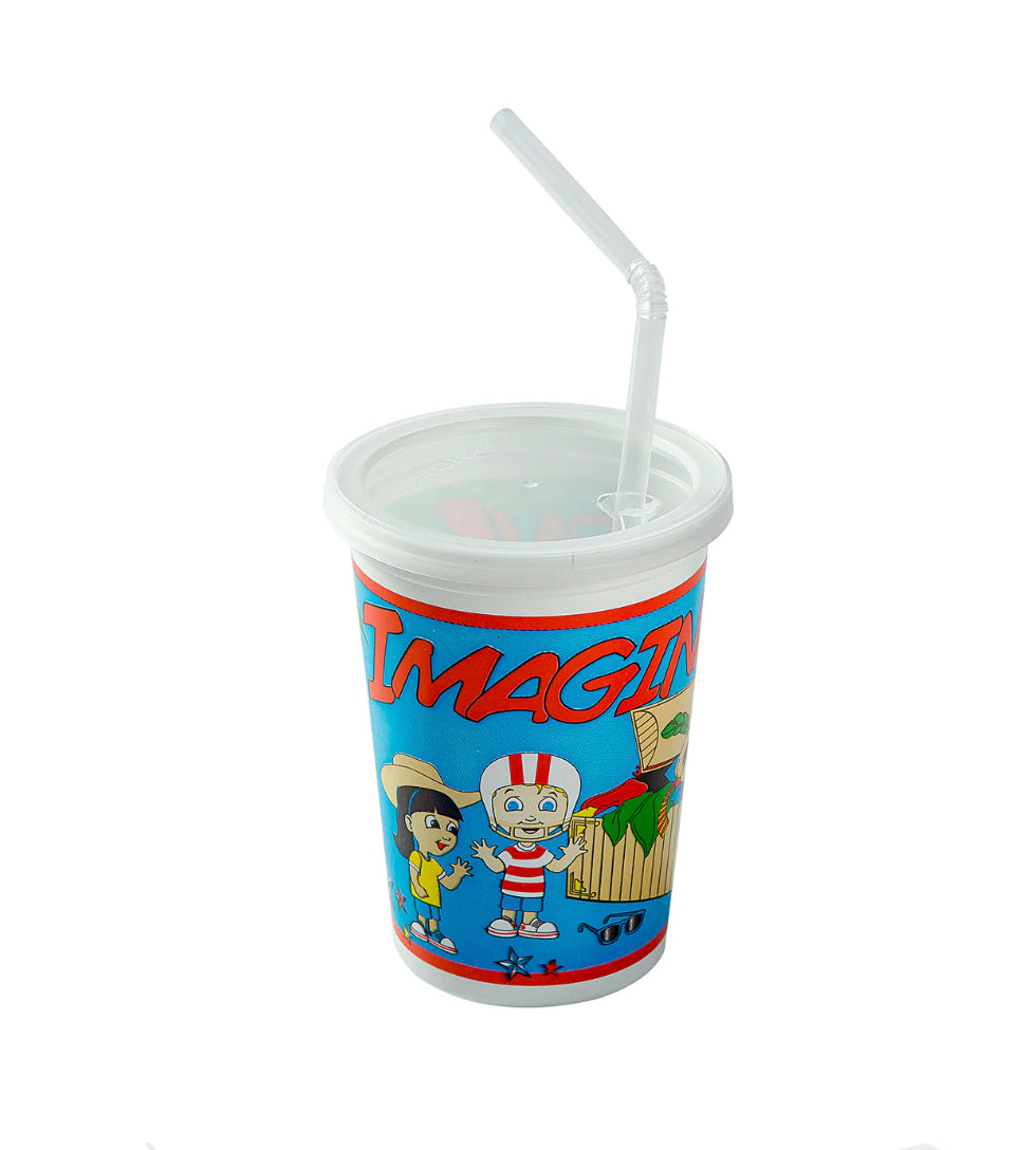 Kids Cups, PP 12 oz. Imagination Theme with Straws & Lids, Case 250