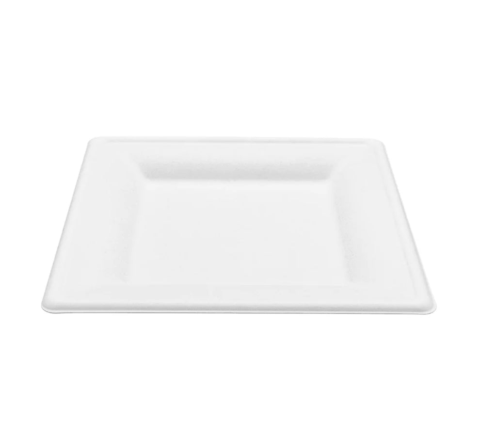 10'' PFAS Free Compostable Bagasse Square Plates, White - 500 pcs