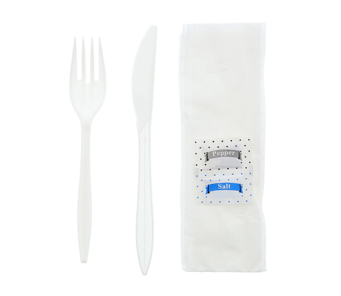 Cutlery Kit, PP, 5 Piece White Medium Weight (F,K,Nap,S&P), 250 Kits