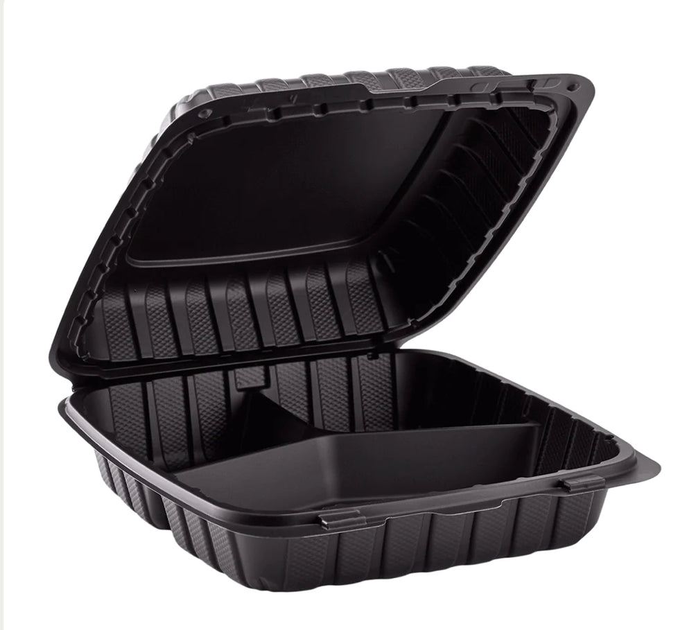 9" x 9" Mineral Filled PP Hinged Container, 3 compartment, Black - 120 pcs