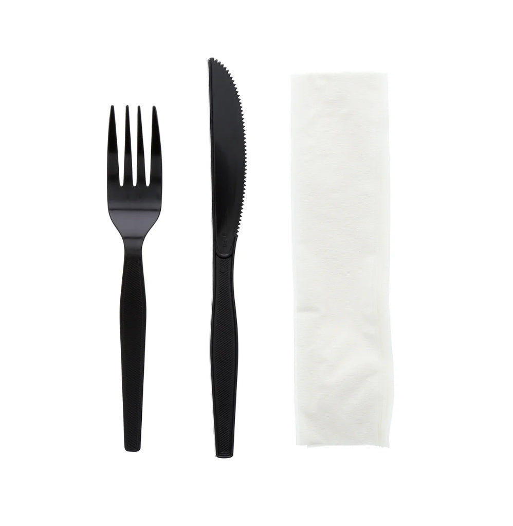 Cutlery Kit, PS, 3 Piece Black Medium Heavy Weight (Fork,Knife, Nap), 500 Kits