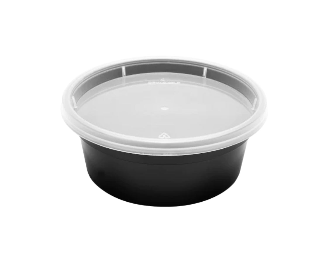 8oz PP Black Plastic Injection Molded Deli Containers & Clear Lids (117mm) - 240 sets