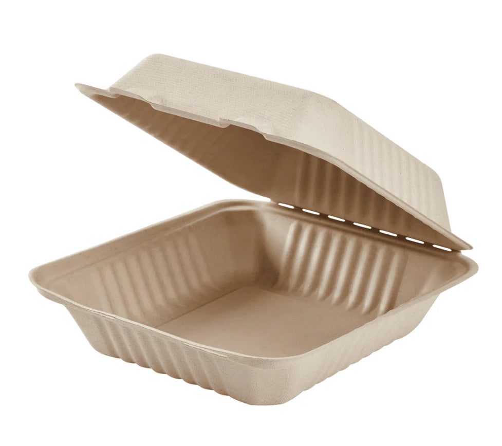 8''x 8'' PFAS Free Compostable Bagasse Hinged Containers, Natural - 200 pcs