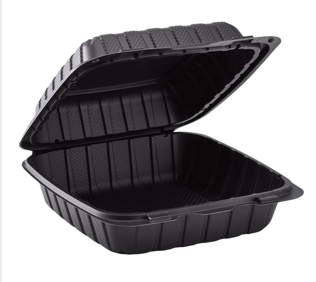 8" x 8" Mineral Filled PP Hinged Container, 1 compartment, Black - 200 pcs