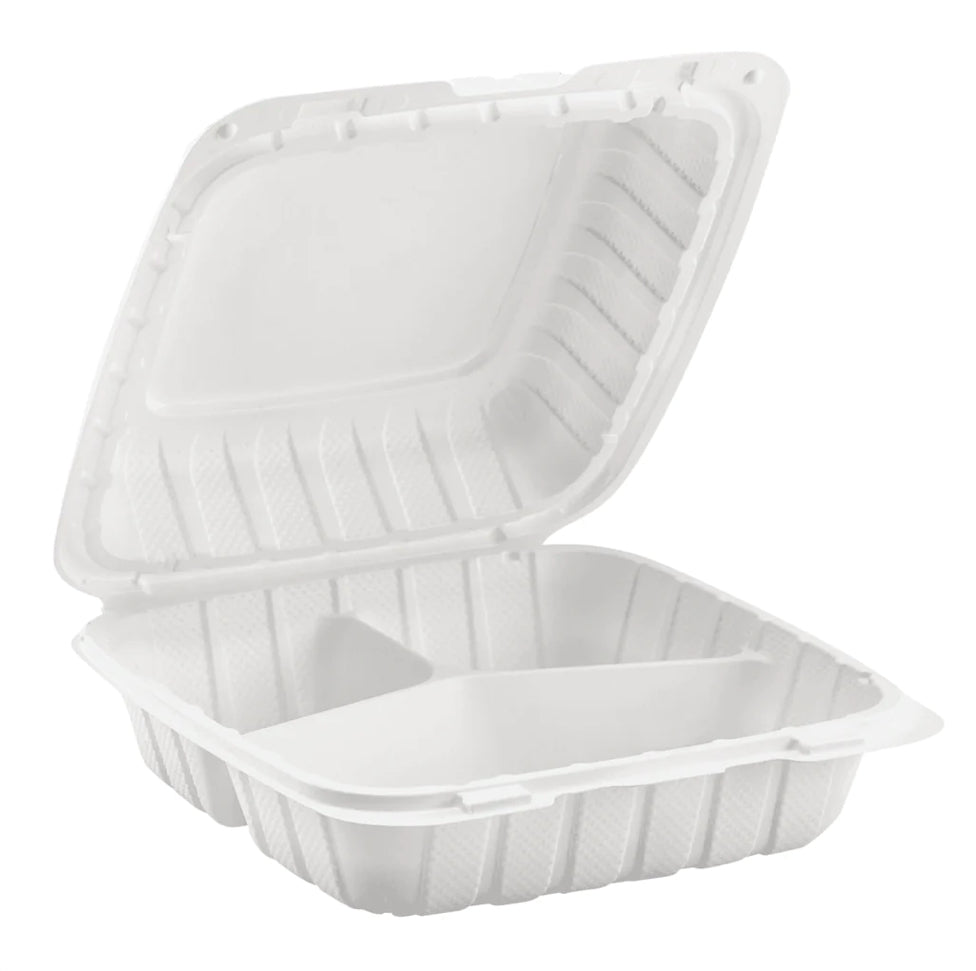 8" x 8" Mineral Filled PP Hinged Container, 3 compartment, White - 200 pcs