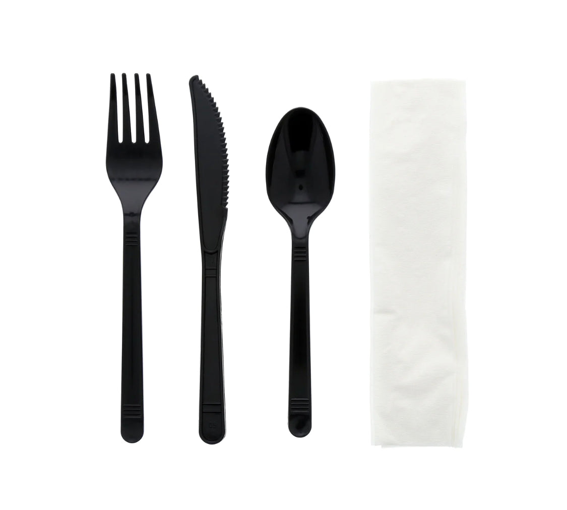 Cutlery Kit, PP, 4 Piece Black Medium Heavy Weight (F,K,S,Nap), 500 Kits