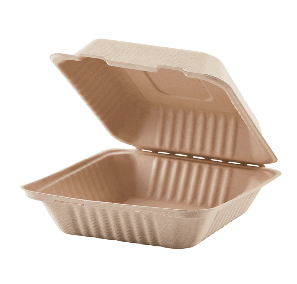 9'' x 9'' PFAS Free Compostable Bagasse Hinged Containers, Natural - 200 pcs