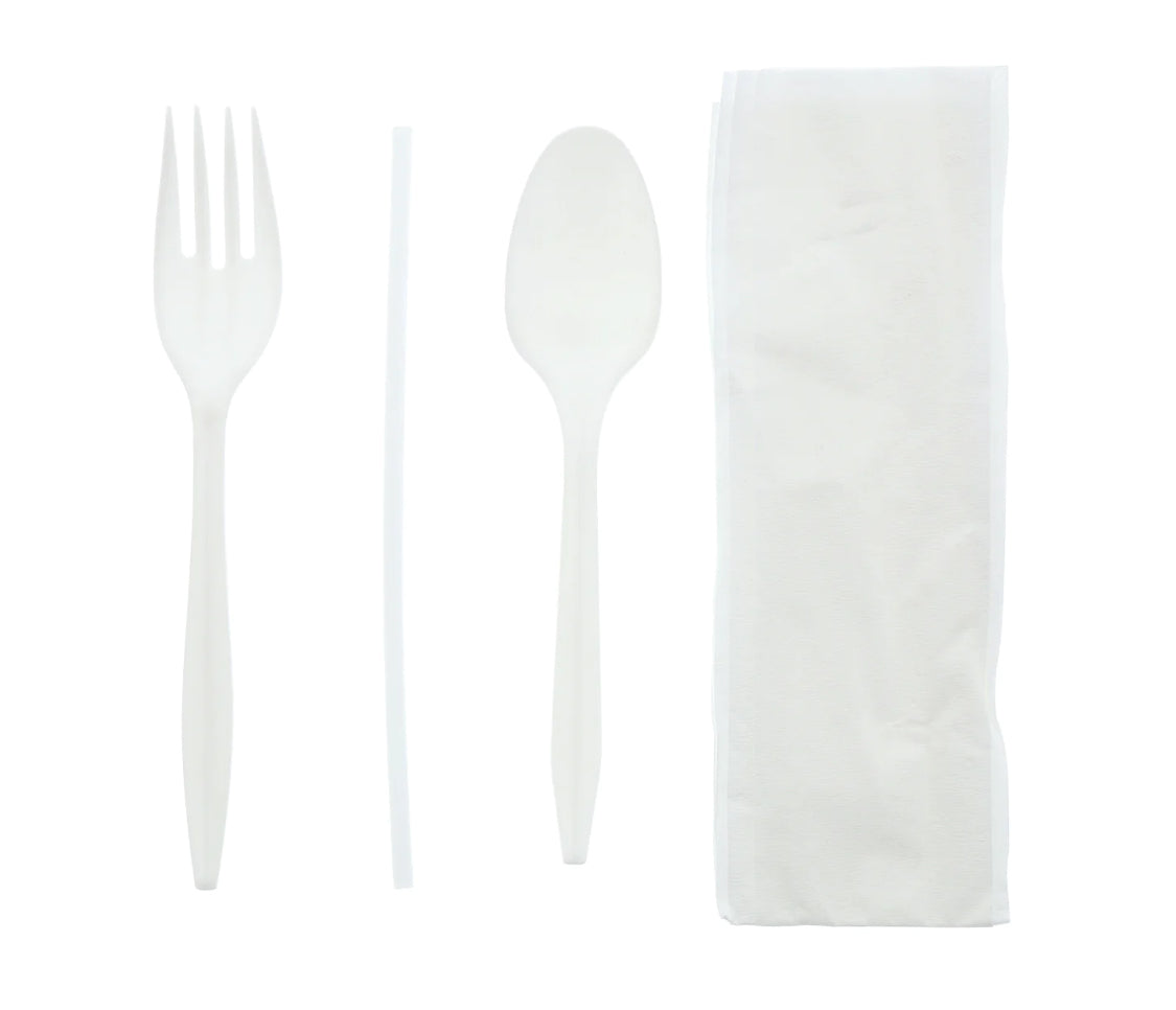 Cutlery Kit, PP, 4 Piece White Medium Weight (Fork,Teaspoon,Nap,MS), 500 Kits