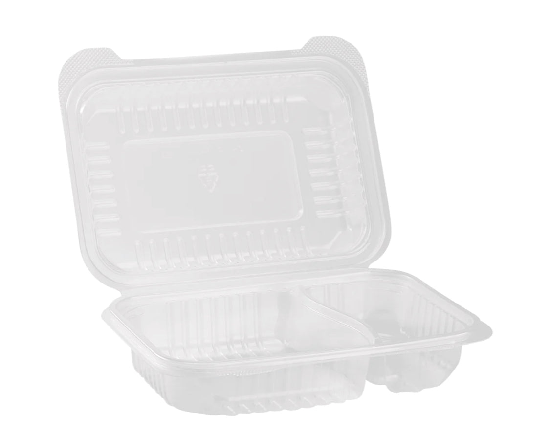 Hinged Container, 9'' x 6" PP Plastic, 2 Compartment, Clear - 250 pcs