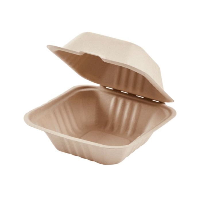 6''x 6'' PFAS Free Compostable Bagasse Hinged Containers, Natural - 500 pcs